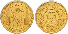 FRENCH PROTECTORATE 
 Reign of Muhammed al-Amin Bey (1362-1376ah / 1943-1957ce) 
 100 francs 1951ce/1371ah AU --- Gad 125, KM M5 303 RR PCGS MS-64 E...