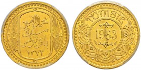 FRENCH PROTECTORATE 
 Reign of Muhammed al-Amin Bey (1362-1376ah / 1943-1957ce) 
 100 francs 1953ce/1373ah AU --- Gad 125, KM M5 303 RR PCGS MS-64 E...