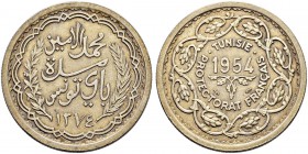 FRENCH PROTECTORATE 
 Reign of Muhammed al-Amin Bey (1362-1376ah / 1943-1957ce) 
 20 francs 1954ce/1374ah AR 20.02g Gad 108, KM M5 303 RR -unc