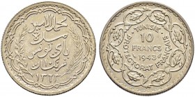 FRENCH PROTECTORATE 
 Reign of Muhammed al-Amin Bey (1362-1376ah / 1943-1957ce) 
 10 francs 1943ce/1363ah AR 10.04g Gad 101, KM 269 1,503 R Fdc