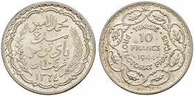 FRENCH PROTECTORATE 
 Reign of Muhammed al-Amin Bey (1362-1376ah / 1943-1957ce) 
 10 francs 1944ce/1364ah AR 10.04g Gad 101, KM 269 2,206 R Fdc