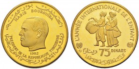 REPUBLIC OF TUNISIA 
 Gold coins 
 75 dinars 1982ce (1406ah) AU 15.57g KF 239, KM 317 4.518 Pf 
 International Year of the Child (UNESCO proclamati...