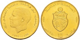 REPUBLIC OF TUNISIA 
 Gold coins 
 10 dinars 1976ce/1396ah AU 18.83g KF 92, KM 332 700 Arabic legend Pf