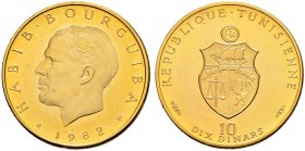 REPUBLIC OF TUNISIA 
 Gold coins 
 10 dinars 1982ce/1402ah AU 18.84g KF 120, KM 331 725 French legend Pf