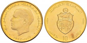 REPUBLIC OF TUNISIA 
 Gold coins 
 10 dinars 1982ce/1402ah AU 18.81g KF 98, KM 331 700 Arabic legend Pf
