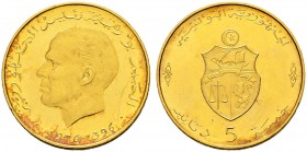REPUBLIC OF TUNISIA 
 Gold coins 
 5 dinars 1976ce/1396ah AU 9.41g KF 158, KM 325a (ex Pf) 725 French legend -unc