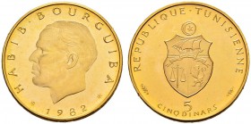 REPUBLIC OF TUNISIA 
 Gold coins 
 5 dinars 1982ce/1402ah AU 9.42g KF 155, KM 325a 725 French legend Fdc