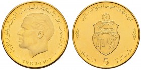 REPUBLIC OF TUNISIA 
 Gold coins 
 5 dinars 1982ce/1402ah AU 9.41g KF 142, KM 326 725 Arabic legend Fdc