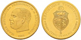 REPUBLIC OF TUNISIA 
 Gold coins 
 5 dinars 1983ce (1403ah) AU 9.43g KF 165, KM 327 725 French legend (ex Pf) unc
