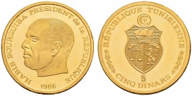 REPUBLIC OF TUNISIA 
 Gold coins 
 5 dinars 1986ce (1406ah) AU 9.42g KF 168, KM 327 725 French legend Pf The 100 and 50 dinar issues below commemora...