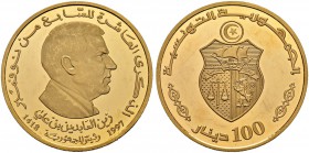 REPUBLIC OF TUNISIA 
 Gold coins 
 100 dinars 1997ce/1418ah AU 37.95g KF 295, Schön 334, KM 404 300 RRR Pf 10th anniversary of Ben Ali’s presidency;...