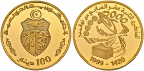 REPUBLIC OF TUNISIA 
 Gold coins 
 100 dinars 1999ce/1420ah AU 38.00g KF 315, Schön 359, KM 408 330 RRR Pf 12th anniversary of Ben Ali’s presidency,...