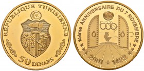 REPUBLIC OF TUNISIA 
 Gold coins 
 50 dinars 2001ce/1422ah AU 21.04g KF 337, KM 398 150 RRR Pf 14th anniversary of Ben Ali’s presidency, w/French le...