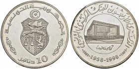 REPUBLIC OF TUNISIA 
 Silver coins 
 10 dinars 1998ce (1419ah) AR 38.00g KF 215 850 -Pf 40th anniversary of the CBT; the branch in Sfax is depicted ...