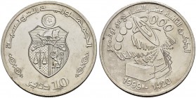 REPUBLIC OF TUNISIA 
 Silver coins 
 10 dinars 1999ce/1420ah AR 37.96g KF 315, Schön 355 450 xf+ ex Pf 12th anniversary of Ben Ali’s ascent to power...