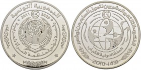 REPUBLIC OF TUNISIA 
 Silver coins 
 10 dinars 2010ce/1431ah AR 37.89g Schön --- --- Pf The reverse honors the work of the Organisation of Arab Wome...