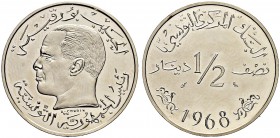 REPUBLIC OF TUNISIA 
 Piedforts with essaies 
 ½ dinar 1968ce (1389ah) Ni 24.48g KM PE1 500 R Pf From 1958 until 1974ce, Raymond Jolly (1911-2006ce)...