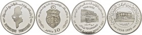 REPUBLIC OF TUNISIA 
 Encased Sets 
 Set: 2 silver coins: 10 dinars, commemorating the 30th and 40th anniversaries of the CBT, w/case a. 1988ce AR S...