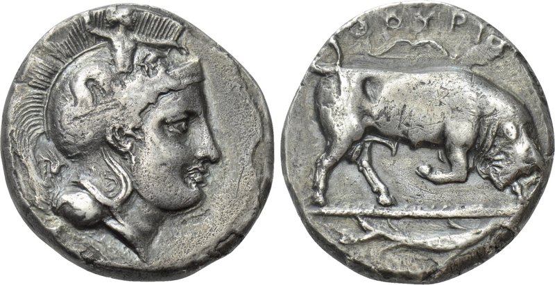 LUCANIA. Thurium. Stater (Circa 350-300 BC). 

Obv: ΘΟΥΡΙΟΝ. 
Head of Athena ...
