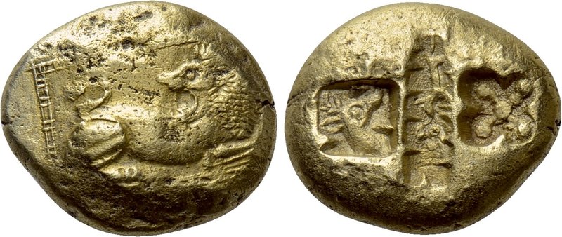 IONIA. Miletos. EL Stater (Circa 546-530 BC).

Obv: Lion reclining right, head...