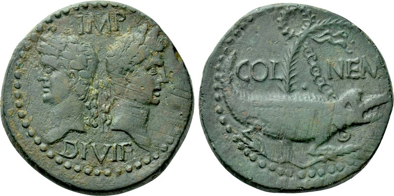GAUL. Nemausus. Augustus with Agrippa (27 BC-14 AD). As. 

Obv: IMP / P - P / ...