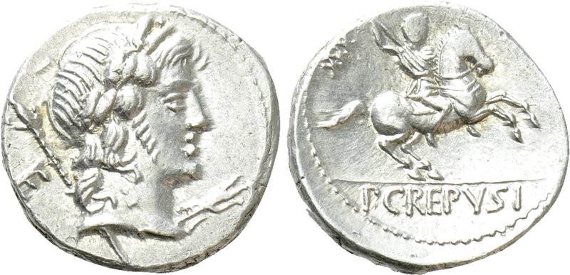 PUB. CREPUSIUS. Denarius (82 BC). Rome. 

Obv: Laureate head of Apollo right, ...