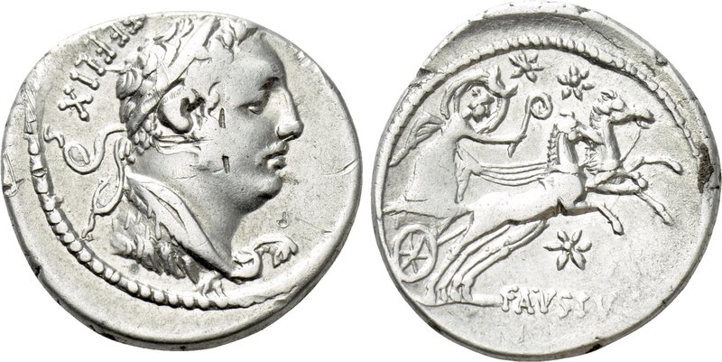 FAUSTUS CORNELIUS SULLA. Denarius (56 BC). Rome. 

Obv: FEELIX. 
Diademed bus...