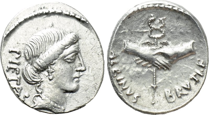 ALBINUS BRUTI F. Denarius (48 BC). Rome. 

Obv: PIETAS. 
Head of Pietas right...