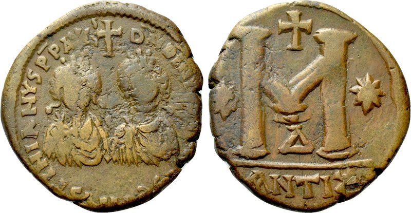 JUSTIN I and JUSTINIAN I (527). Follis. Antioch.

Obv: Crowned and draped faci...