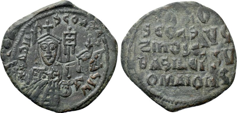 BASIL I THE MACEDONIAN with CONSTANTINE (867-886). Follis. Constantinople (or un...