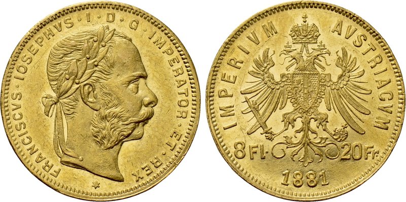 AUSTRIA. Franz Joseph I (1848-1916). GOLD 8 Florins or 20 Francs (1881). Wien (V...