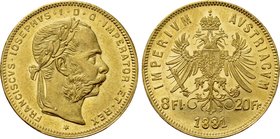 AUSTRIA. Franz Joseph I (1848-1916). GOLD 8 Florins or 20 Francs (1881). Wien (Vienna).