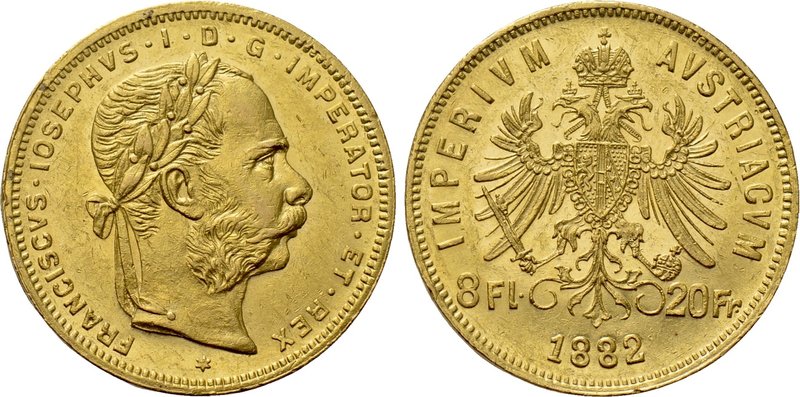 AUSTRIA. Franz Joseph I (1848-1916). GOLD 8 Florins or 20 Francs (1882). Wien (V...