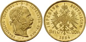 AUSTRIA. Franz Joseph I (1848-1916). GOLD 8 Florins or 20 Francs (1884). Wien (Vienna).