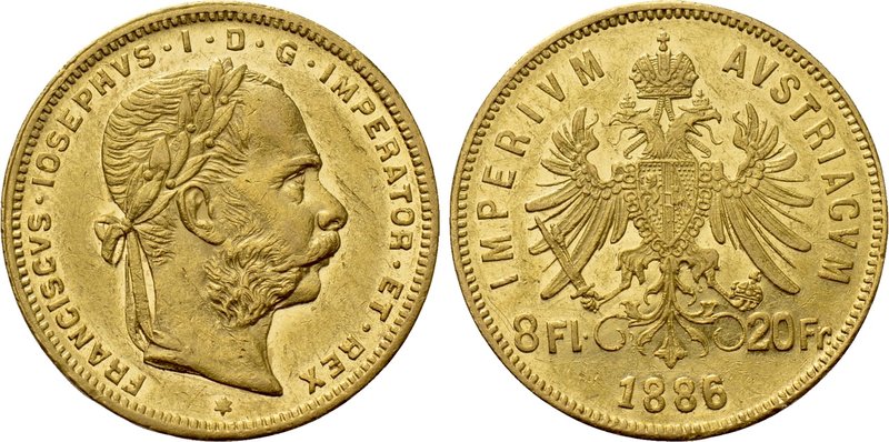 AUSTRIA. Franz Joseph I (1848-1916). GOLD 8 Florins or 20 Francs (1886). Wien (V...