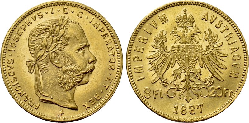 AUSTRIA. Franz Joseph I (1848-1916). GOLD 8 Florins or 20 Francs (1887). Wien (V...