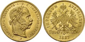 AUSTRIA. Franz Joseph I (1848-1916). GOLD 8 Florins or 20 Francs (1887). Wien (Vienna).