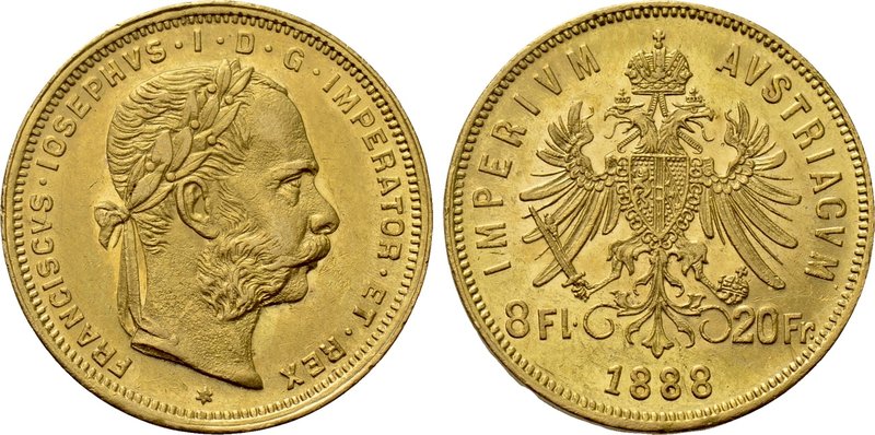 AUSTRIA. Franz Joseph I (1848-1916). GOLD 8 Florins or 20 Francs (1888). Wien (V...
