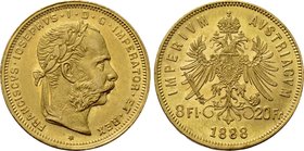 AUSTRIA. Franz Joseph I (1848-1916). GOLD 8 Florins or 20 Francs (1888). Wien (Vienna).