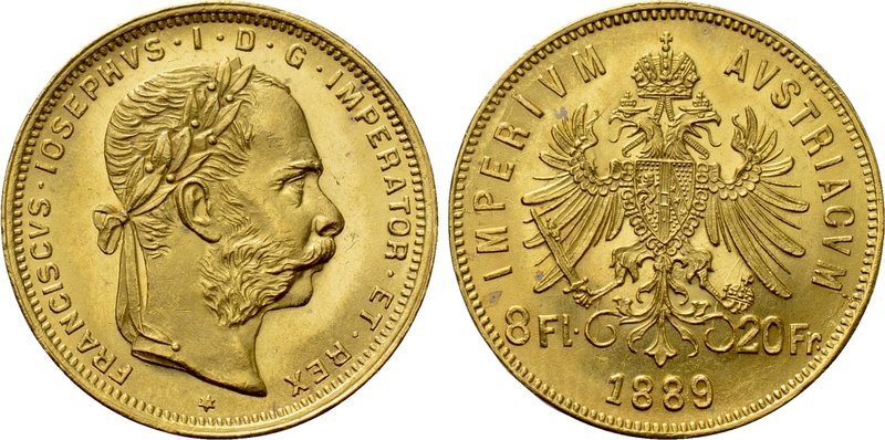 AUSTRIA. Franz Joseph I (1848-1916). GOLD 8 Florins or 20 Francs (1889). Wien (V...