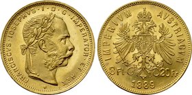 AUSTRIA. Franz Joseph I (1848-1916). GOLD 8 Florins or 20 Francs (1889). Wien (Vienna).
