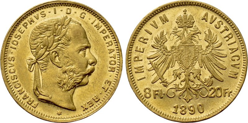 AUSTRIA. Franz Joseph I (1848-1916). GOLD 8 Florins or 20 Francs (1890). Wien (V...