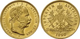 AUSTRIA. Franz Joseph I (1848-1916). GOLD 8 Florins or 20 Francs (1890). Wien (Vienna).