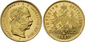 AUSTRIA. Franz Joseph I (1848-1916). GOLD 8 Florins or 20 Francs (1891). Wien (Vienna).