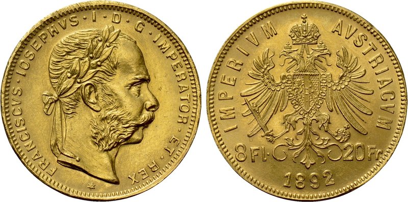 AUSTRIA. Franz Joseph I (1848-1916). GOLD 8 Florins or 20 Francs (1892). Wien (V...
