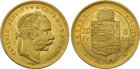 HUNGARY. Franz Joseph I (1848-1916). GOLD 8 Forint 20 Francs (1872 KB). Kremnitz.