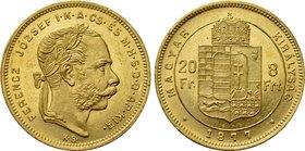 HUNGARY. Franz Joseph I (1848-1916). GOLD 8 Forint 20 Francs (1877 KB). Kremnitz.