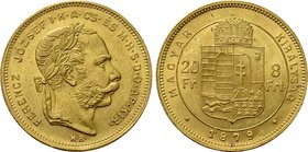 HUNGARY. Franz Joseph I (1848-1916). GOLD 8 Forint 20 Francs (1879 KB). Kremnitz.