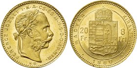 HUNGARY. Franz Joseph I (1848-1916). GOLD 8 Forint 20 Francs (1880 KB). Kremnitz.