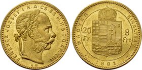 HUNGARY. Franz Joseph I (1848-1916). GOLD 8 Forint 20 Francs (1881 KB). Kremnitz.